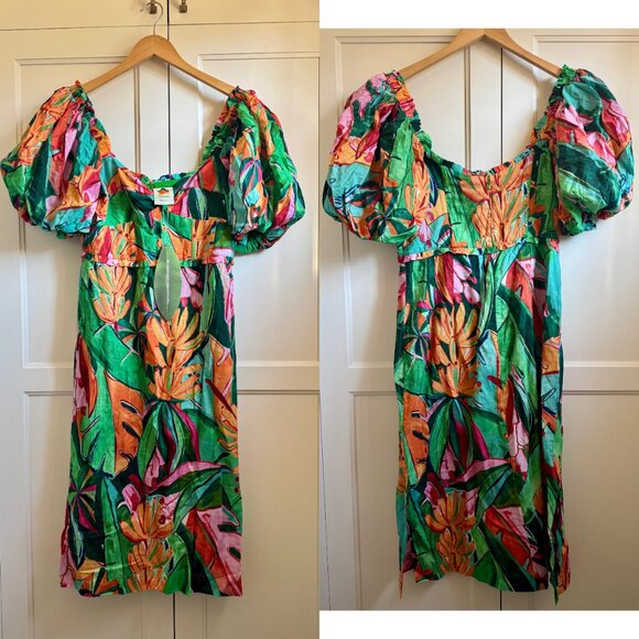 NWT Farm Rio Banana Foliage Puff-Sleeve Cotton Voile Midi-Dress - Large - Picture 8 of 16